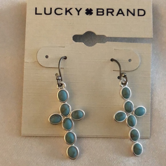 Lucky Brand Silver Tone Cross Drop Earrings Turquoise Accents NWT - Picture 6 of 10
